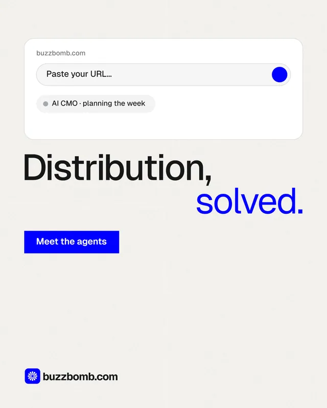 Instagram portrait post for BuzzBomb: "Distribution, solved." Swiss style, stacked layout, light palette in white, blue.