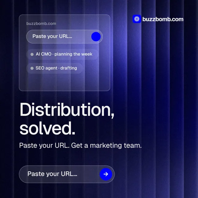 Instagram post for BuzzBomb: "Distribution, solved." Agentic glass style, skeleton layout, dark palette in blue, black.