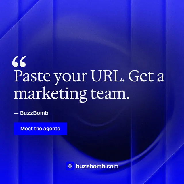 Instagram post for BuzzBomb: "Get a marketing team." Swiss style, quote layout, dark palette in blue.