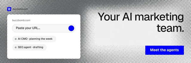 X header for BuzzBomb: "Your AI marketing team." Swiss style, right layout, light palette in grey, white.