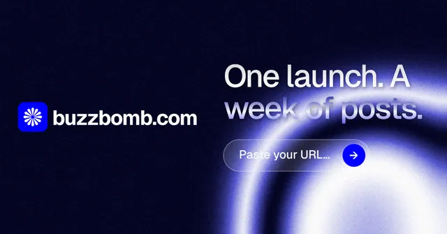 Social ad for BuzzBomb: "One launch. A week of posts." Agentic glass style, logo hero layout, dark palette in black, blue.