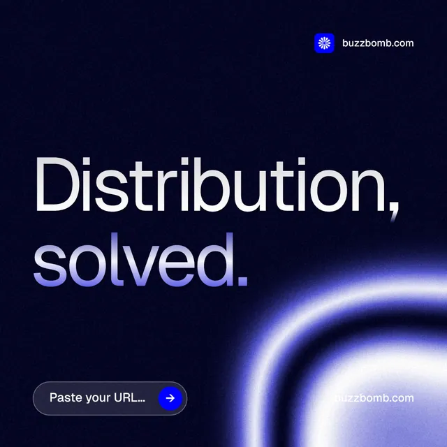 Instagram post for BuzzBomb: "Distribution, solved." Agentic glass style, poster layout, dark palette in black, blue.
