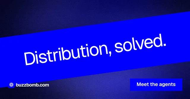 Social ad for BuzzBomb: "Distribution, solved." Swiss style, diagonal layout, dark palette in blue.