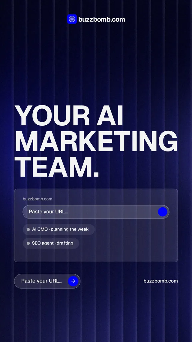 Instagram story for BuzzBomb: "Your AI marketing team." Agentic glass style, poster layout, dark palette in blue, black, grey.