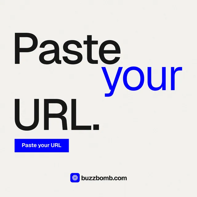 Instagram post for BuzzBomb: "Paste your URL." Swiss style, stacked layout, light palette in white, blue.