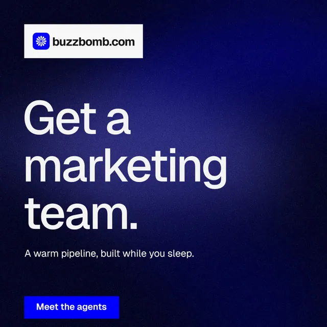 Instagram post for BuzzBomb: "Get a marketing team." Swiss style, announce layout, dark palette in blue, black.