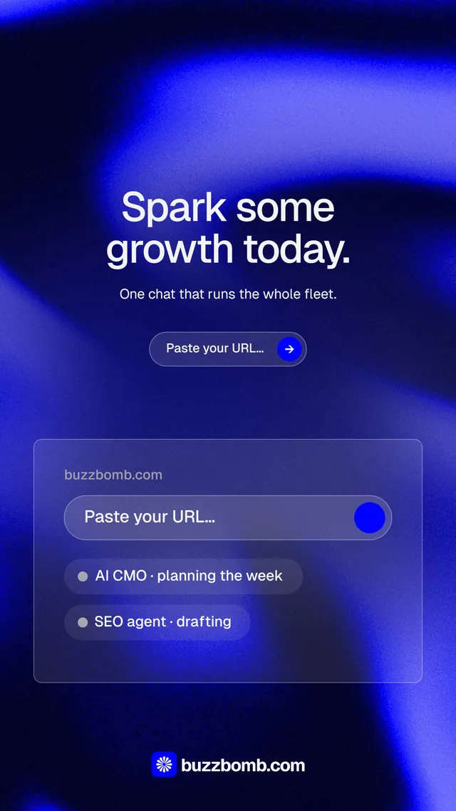 Instagram story for BuzzBomb: "Spark some growth today." Agentic glass style, centred layout, dark palette in black, blue.