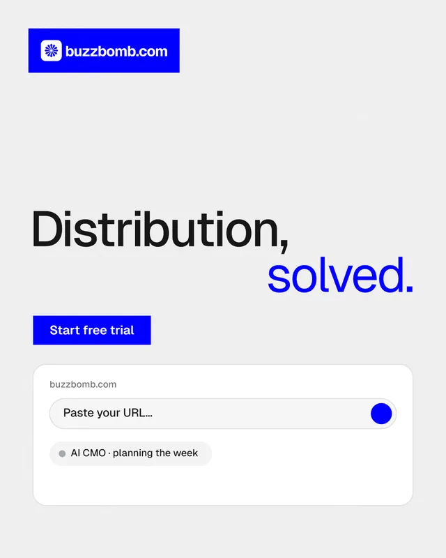 Instagram portrait post for BuzzBomb: "Distribution, solved." Swiss style, stacked layout, light palette in white, blue.