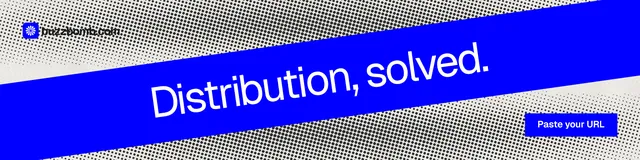 LinkedIn banner for BuzzBomb: "Distribution, solved." Swiss style, diagonal layout, dark palette in blue, grey.