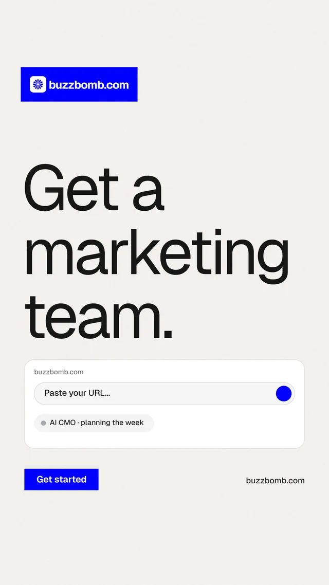 Instagram story for BuzzBomb: "Get a marketing team." Swiss style, poster layout, light palette in white, grey.