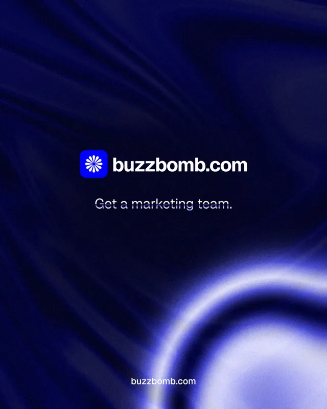 Instagram portrait post for BuzzBomb: "Get a marketing team." Agentic glass style, end card layout, dark palette in black, blue.