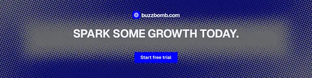 LinkedIn banner for BuzzBomb: "Spark some growth today." Split block style, centred layout, dark palette in blue, grey.