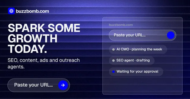 Social ad for BuzzBomb: "Spark some growth today." Agentic glass style, bottom layout, dark palette in blue, black.