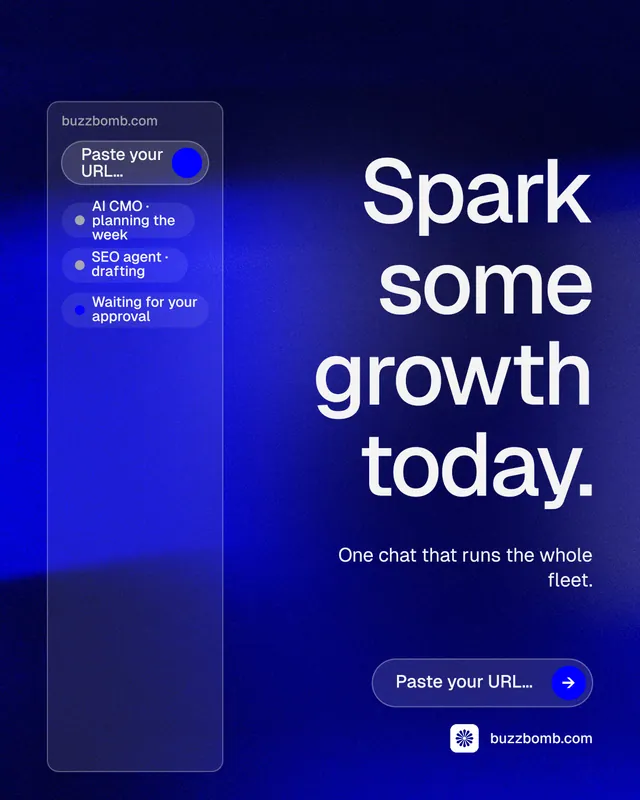 Instagram portrait post for BuzzBomb: "Spark some growth today." Agentic glass style, right layout, dark palette in blue.