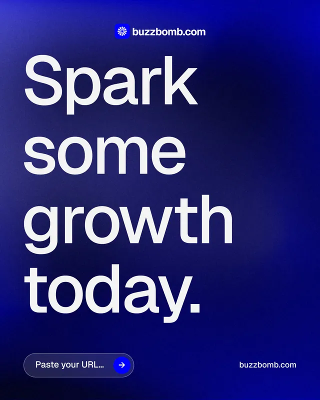 Instagram portrait post for BuzzBomb: "Spark some growth today." Agentic glass style, poster layout, dark palette in blue, grey.