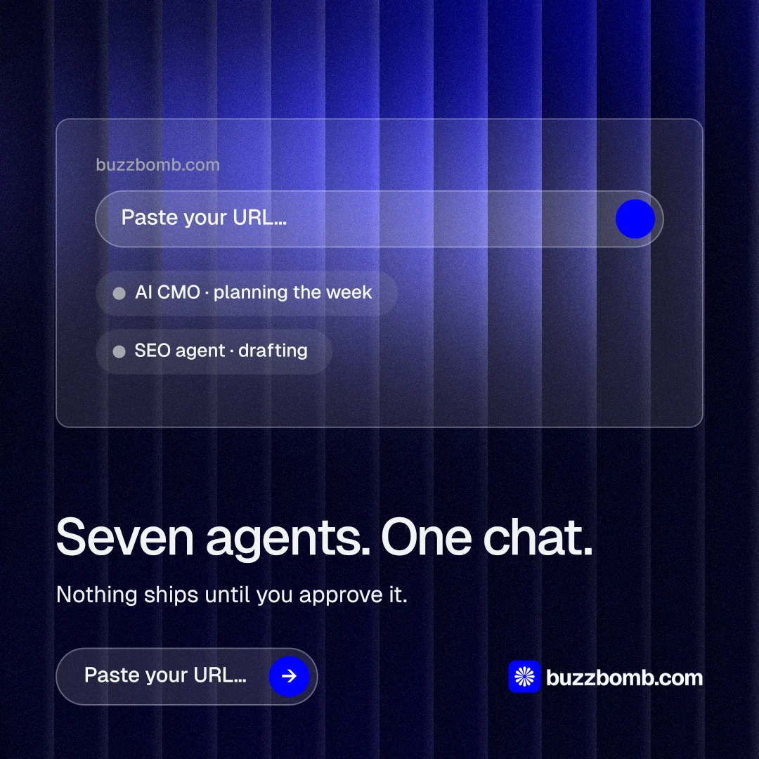 Instagram post for BuzzBomb: "Seven agents. One chat." Agentic glass style, bottom layout, dark palette in blue, black.