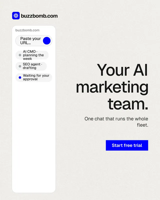 Instagram portrait post for BuzzBomb: "Your AI marketing team." Swiss style, right layout, light palette in white, grey.