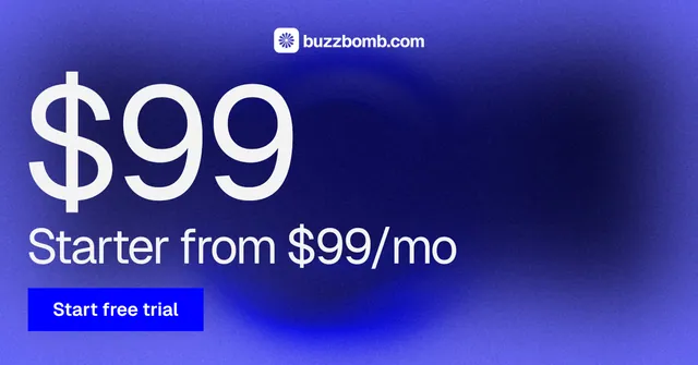 Social ad for BuzzBomb: "Your AI marketing team." Swiss style, stat layout, dark palette in blue.