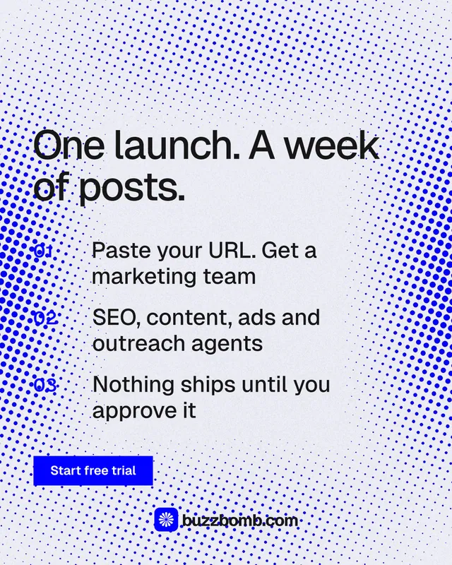 Instagram portrait post for BuzzBomb: "One launch. A week of posts." Swiss style, numbered layout, light palette in blue, white.