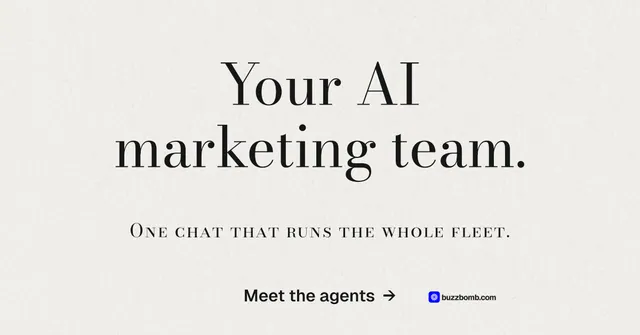 Social ad for BuzzBomb: "Your AI marketing team." Minimal luxury style, smallcaps layout, light palette in white.