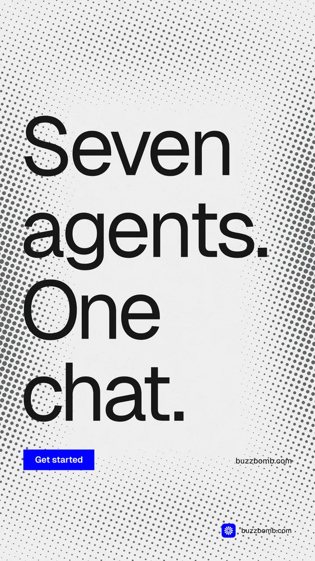 Instagram story for BuzzBomb: "Seven agents. One chat." Swiss style, poster layout, light palette in white, grey.