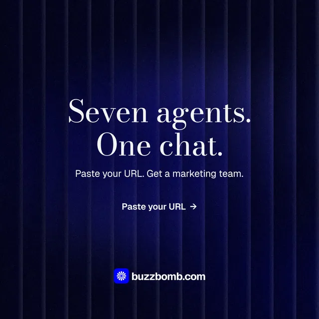 Instagram post for BuzzBomb: "Seven agents. One chat." Minimal luxury style, centred layout, dark palette in black, blue.
