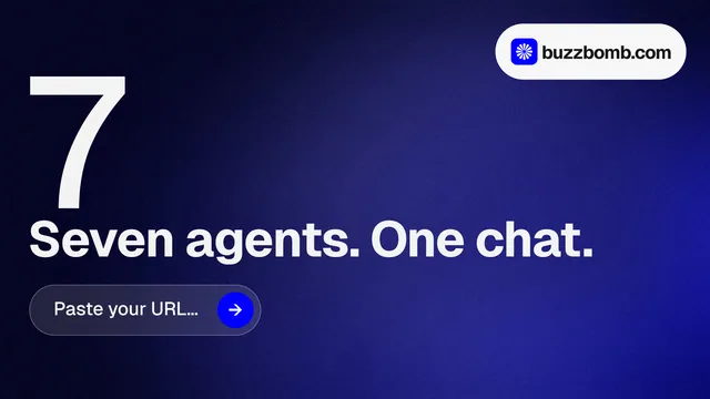 Landscape graphic for BuzzBomb: "Seven agents. One chat." Agentic glass style, stat layout, dark palette in black, blue, grey.