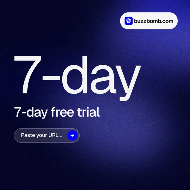 Instagram post for BuzzBomb: "Your AI marketing team." Agentic glass style, stat layout, dark palette in black, blue.
