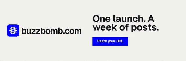 X header for BuzzBomb: "One launch. A week of posts." Swiss style, logo hero layout, light palette in white, blue.
