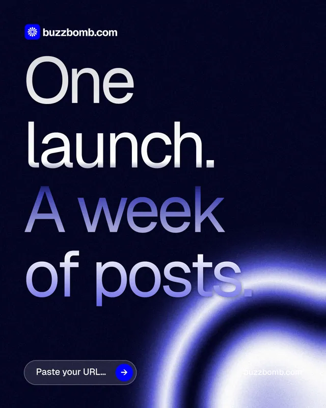 Instagram portrait post for BuzzBomb: "One launch. A week of posts." Agentic glass style, poster layout, dark palette in black, blue.