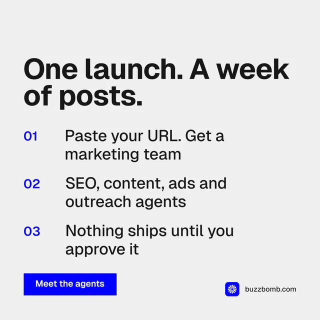 Instagram post for BuzzBomb: "One launch. A week of posts." Swiss style, numbered layout, light palette in white, grey.
