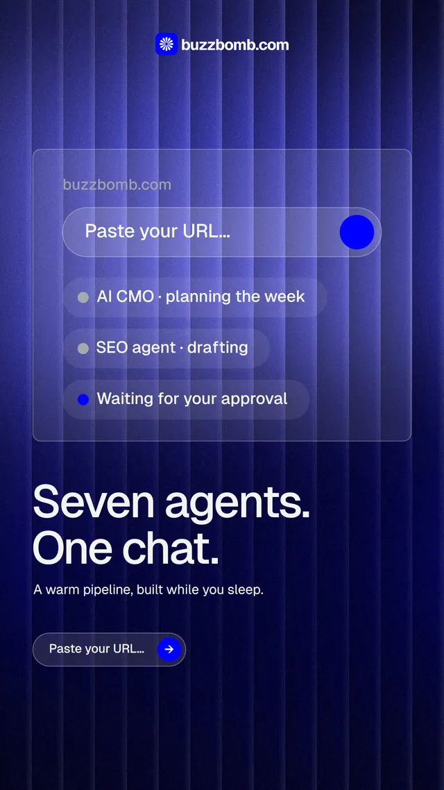 Instagram story for BuzzBomb: "Seven agents. One chat." Agentic glass style, bottom layout, dark palette in black, blue.