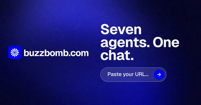 Social ad for BuzzBomb: "Seven agents. One chat." Agentic glass style, logo hero layout, dark palette in black, blue.