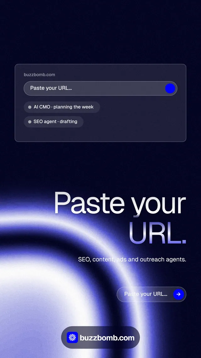 Instagram story for BuzzBomb: "Paste your URL." Agentic glass style, right layout, dark palette in black, blue.