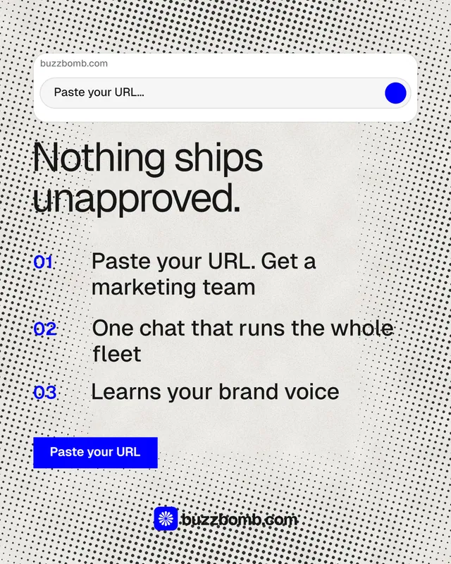 Instagram portrait post for BuzzBomb: "Nothing ships unapproved." Swiss style, numbered layout, light palette in white, grey.