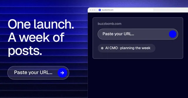 Social ad for BuzzBomb: "One launch. A week of posts." Agentic glass style, browser layout, dark palette in black, blue.