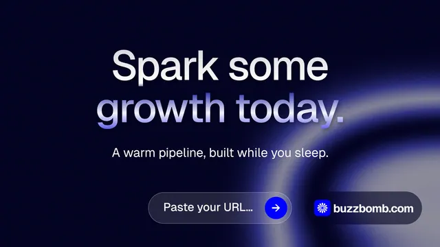 Landscape graphic for BuzzBomb: "Spark some growth today." Agentic glass style, centred layout, dark palette in black, blue.