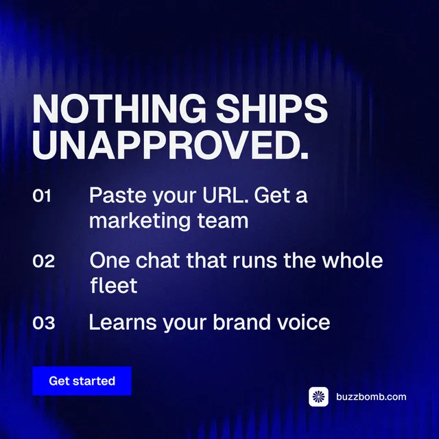 Instagram post for BuzzBomb: "Nothing ships unapproved." Swiss style, numbered layout, dark palette in blue, black, grey.