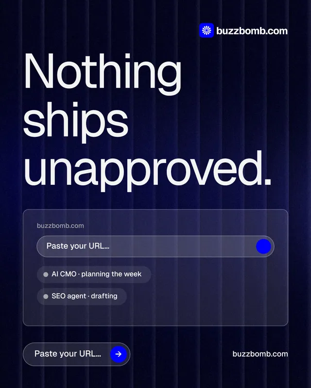 Instagram portrait post for BuzzBomb: "Nothing ships unapproved." Agentic glass style, poster layout, dark palette in black, blue, grey.