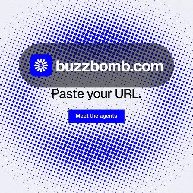 Instagram post for BuzzBomb: "Paste your URL." Swiss style, logo hero layout, light palette in blue, white.