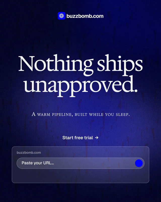 Instagram portrait post for BuzzBomb: "Nothing ships unapproved." Agentic glass style, smallcaps layout, dark palette in black, blue, grey.