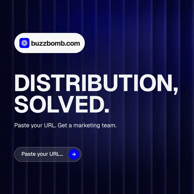 Instagram post for BuzzBomb: "Distribution, solved." Agentic glass style, announce layout, dark palette in blue, black, grey.