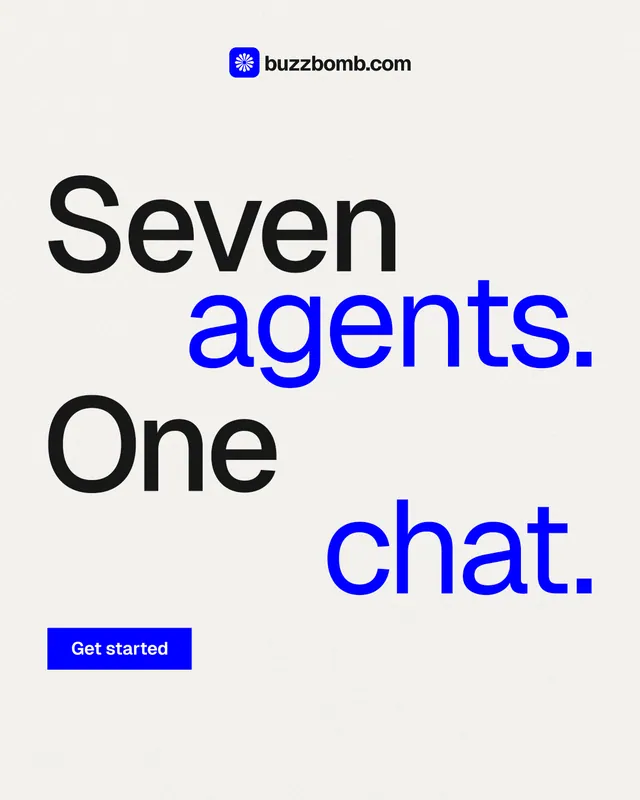 Instagram portrait post for BuzzBomb: "Seven agents. One chat." Swiss style, stacked layout, light palette in white, blue.