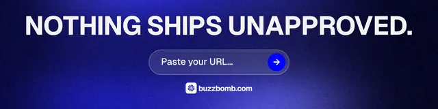 LinkedIn banner for BuzzBomb: "Nothing ships unapproved." Agentic glass style, skeleton layout, dark palette in black, blue.