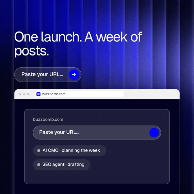 Instagram post for BuzzBomb: "One launch. A week of posts." Agentic glass style, browser layout, dark palette in blue, black.