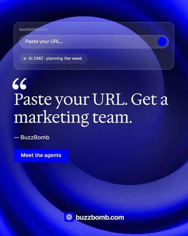Instagram portrait post for BuzzBomb: "Seven agents. One chat." Swiss style, quote layout, dark palette in blue.