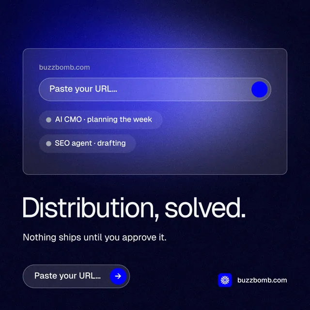 Instagram post for BuzzBomb: "Distribution, solved." Agentic glass style, bottom layout, dark palette in black, blue.