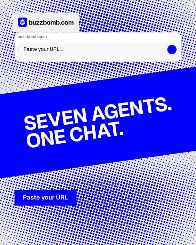 Instagram portrait post for BuzzBomb: "Seven agents. One chat." Swiss style, diagonal layout, light palette in blue, white.