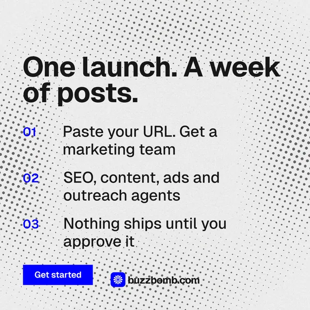 Instagram post for BuzzBomb: "One launch. A week of posts." Swiss style, numbered layout, light palette in white, grey.
