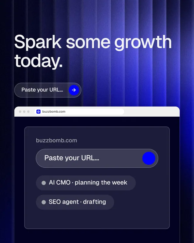 Instagram portrait post for BuzzBomb: "Spark some growth today." Agentic glass style, browser layout, dark palette in blue, black.
